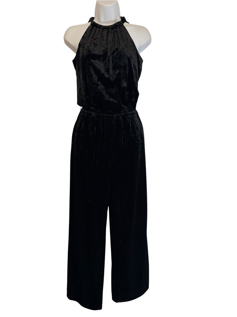 Trina Turk Black Velvet Party Halter Wide-Leg Jumpsuit SzS NWT FLAWED NO BELT - Picture 2 of 12